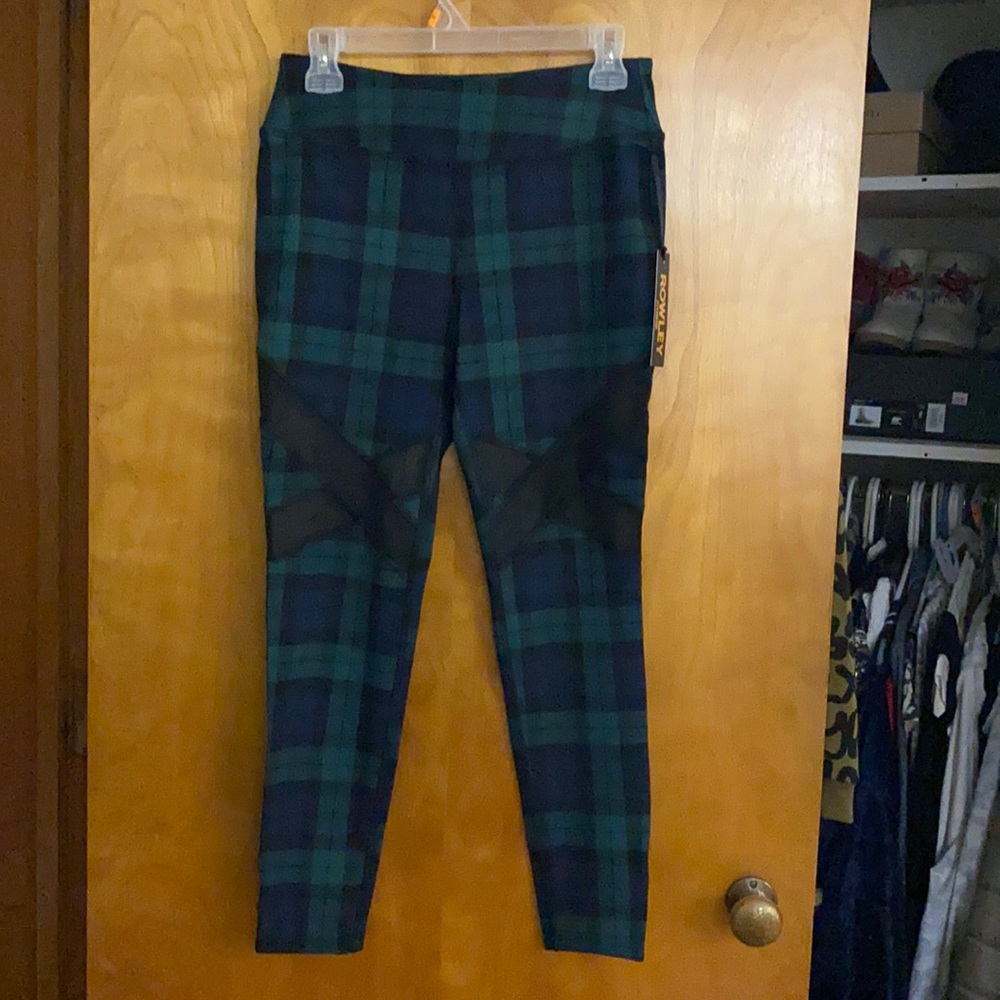 ROWLEY Plaid navy blue green leggings with angle black mesh cut out